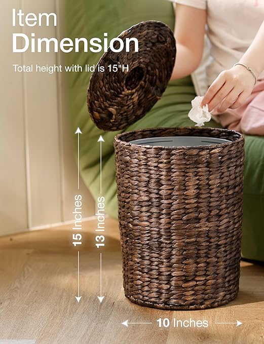 Tidita 4 Gallons Wicker Waste Basket - Water Hyacinth Bathroom Trash Can - Garbage Can with Lid Boho Style - Wicker Trash Can with Lid for Bedroom, Kitchen - Removable Liner (Black Color)
