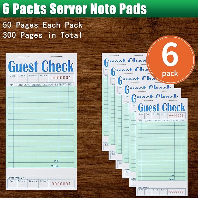 Guest Check Books 6 Pack, Guest Checks for Servers, Server Note Pads, Waitress Accessories Writing Pad, Thick Server Paper with Guest Receipts, Restaurant Supplies Order Pad Total 300 Sheets
