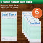 Guest Check Books 6 Pack, Guest Checks for Servers, Server Note Pads, Waitress Accessories Writing Pad, Thick Server Paper with Guest Receipts, Restaurant Supplies Order Pad Total 300 Sheets