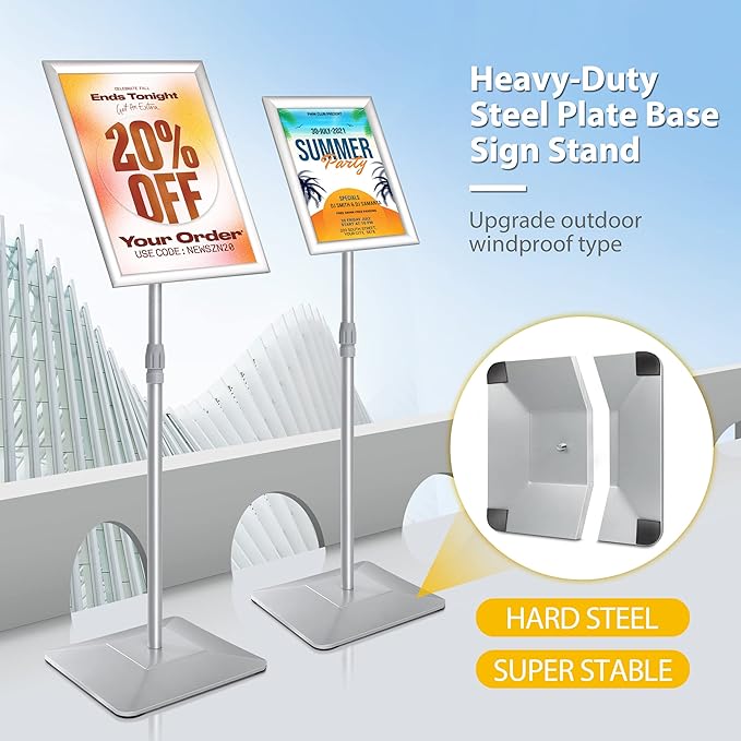 VAIIGO 11"x17" Pedestal Poster Sign Holder Stand with Heavy Duty Solid Steel Base, Adjustable Sign Holder Standing Floor Sign Stand for Office/Store/School/Church/Public Sign Displayed Stands, Silver