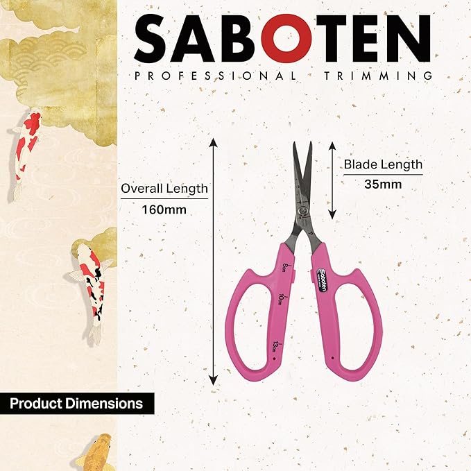 Saboten Stainless Steel Angled Blade Trimming Scissors Pink PT-13 160mm Precision Gardening Bonsai and Floral Shears Made in Japan