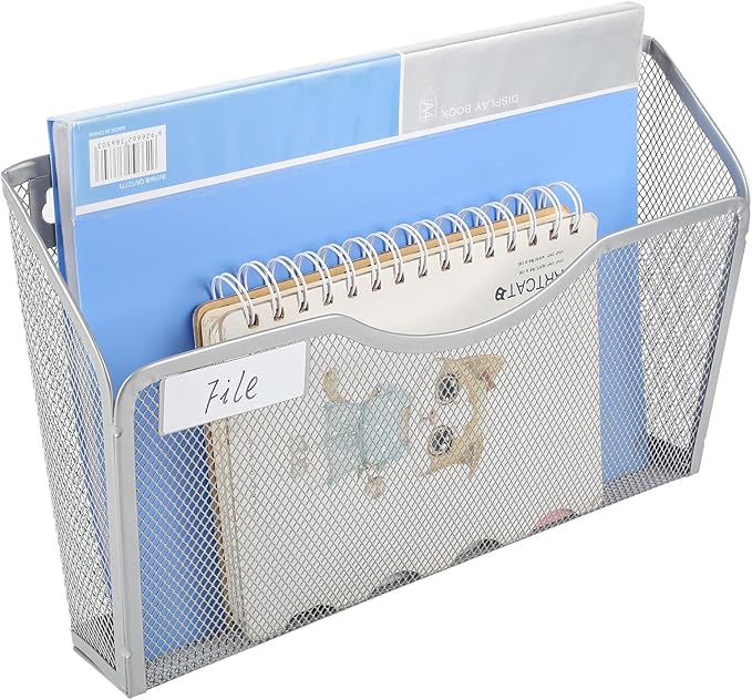 EasyPAG 6 Pack Wall File Organizer with Label Panel, Mesh Hanging File Folder Organizer for Letter/A4 Size Folders, Wall Mounted Vertical Mail Holder for Paperwork, Office, Home, School, Silver