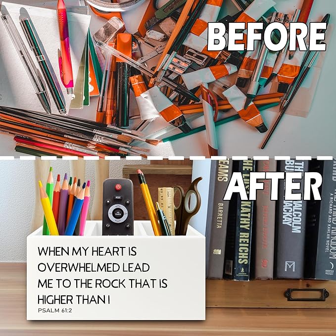 XPH Christian Pen Pencil Holder Organizer for Desk, Christian Gifts for Women Men, Religious Psalm 61:2 Bible Verse Scripture Wooden Box Sign for Home Office Desk Tabletop Decorations