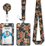 ID Badge Holder with Lanyard, Lanyards for ID Badges ID Card Holder, Cute Badge Reel Badge Clip Retractable, Teacher Nurse School Student Office Gifts Vintage Floral Bookshelf