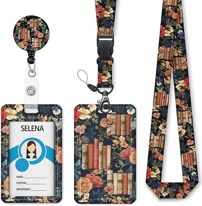 ID Badge Holder with Lanyard, Lanyards for ID Badges ID Card Holder, Cute Badge Reel Badge Clip Retractable, Teacher Nurse School Student Office Gifts Vintage Floral Bookshelf