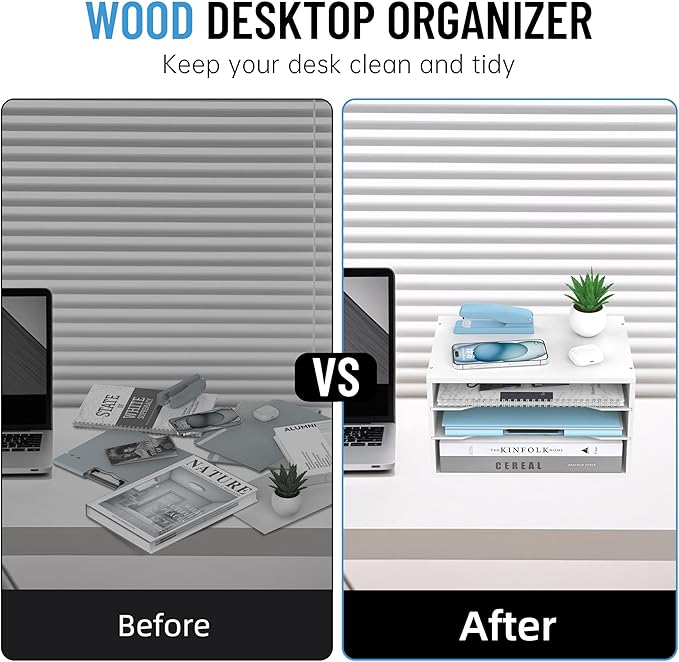 SHARKWOODS Wood Desk Organizer, 3 Tier Paper Tray Organizer for Desk with Adjustable Storage Shelves, Desktop File Organization Paper Sorter Mail Holder for Office Home Classroom, White