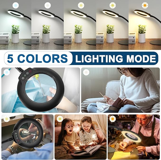IVMAIE 10X Magnifying Glass with Light, Real Glass Lens, 5 Color Modes Dimmable, Flexible Gooseneck Lighted Magnifier with Stand, LED Desk Lamp Hands Free for Crafts Painting Sewing Reading Close Work