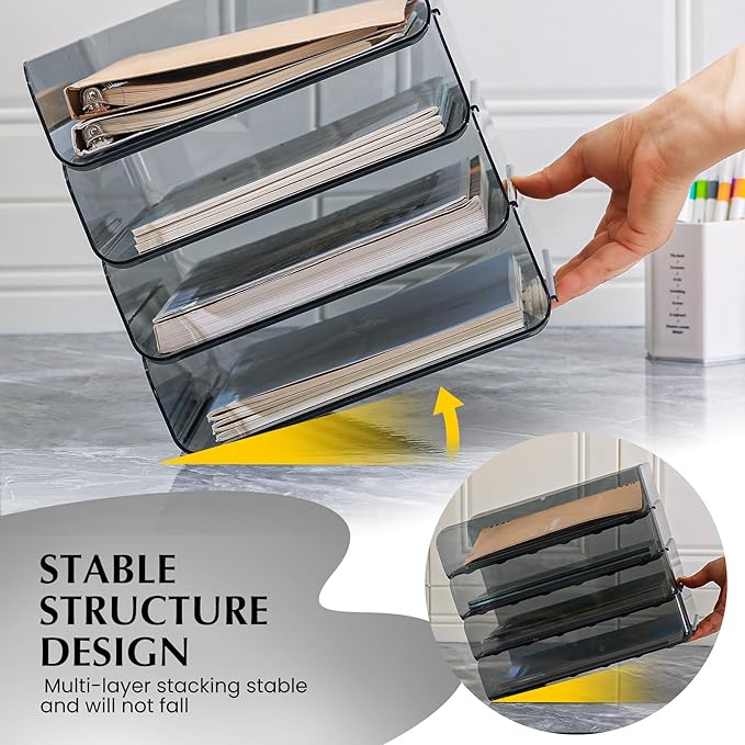 CiWiVOKi 2 Pack Stackable Paper Tray Organizer, Clear File Organizer for Desk, Office Organizer and Storage for Desk Accessories, Notes, Books, File Paper, Document, Black