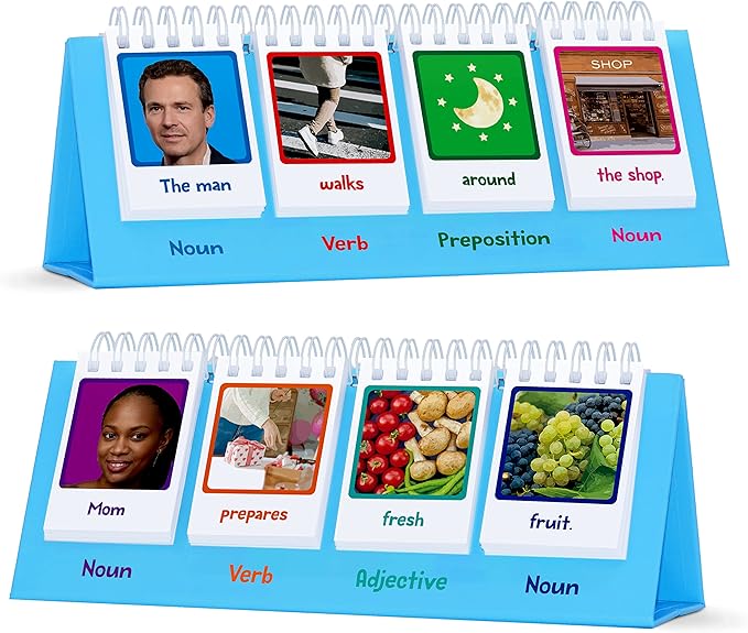 Sentence Flip Charts, 80 Double Sided Cards in Noun/Verb/Adjective/Preposition 40 New Sentence Building Freestanding Flip Chart Educational Learning Tool for School Supplies