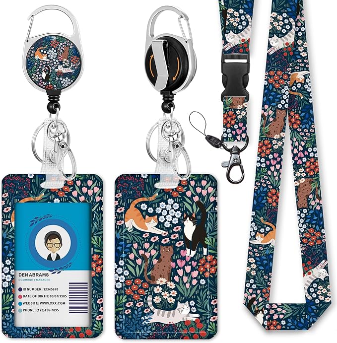 Giancomics Floral Cats Lanyards for Id Badges, Flower ID Badge Holder with Retractable Reel, Teacher Lanyard with Keychain Key Clip Carabiner Name Tag Card Holder Protector Office Women Gift