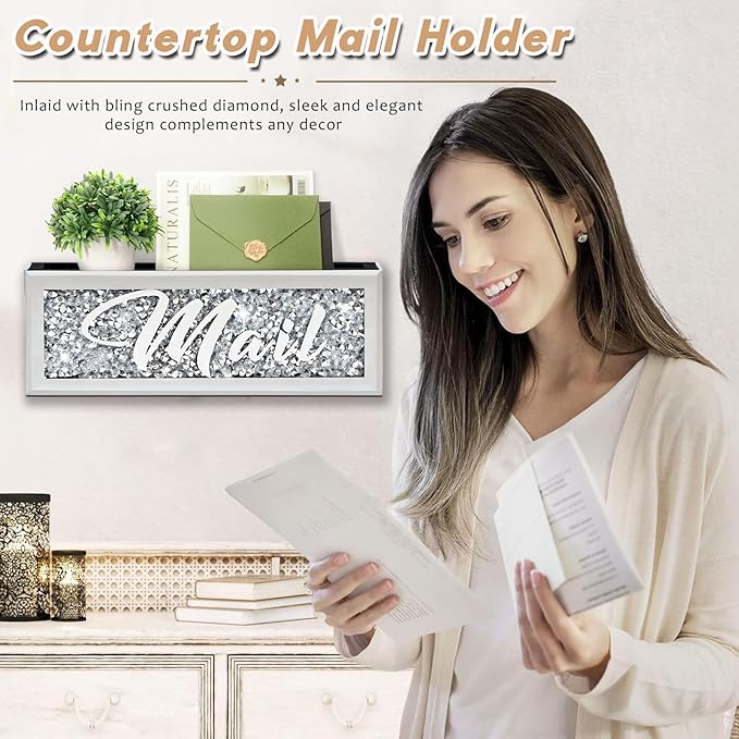 Crushed Diamond Mail Organizer, Crystal Mail Organizer Countertop, Mirror Letter Holder, Mail Tray, Mail Holder Box for Desk, Mail Holder for Wall
