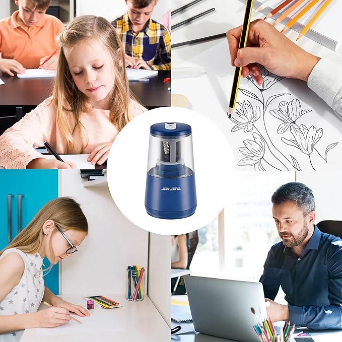 JARLINK Electric Pencil Sharpener, Heavy-Duty Helical Blade to Fast Sharpen, Auto Stop for No.2/Colored Pencils(6-8mm), AC Adapter/Battery Operated in School Classroom/Office/Home (Blue)