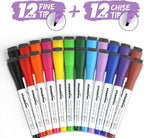 cloudriver Magnetic Dry Erase Markers, 24 Pack Whiteboard Markers - 12 Fine Tip And 12 Chisel Tip, 12 Colors Low Odor Dry Erase Marker With Eraser Cap