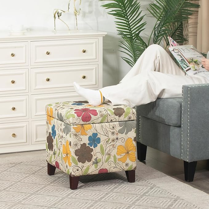 Adeco 18 Inch High Cube Ottoman Storage, Floral Printed Linen Chair Foot Stools, Upholstered Vanity Stool with Hinged Lid, Solid Wood Legs