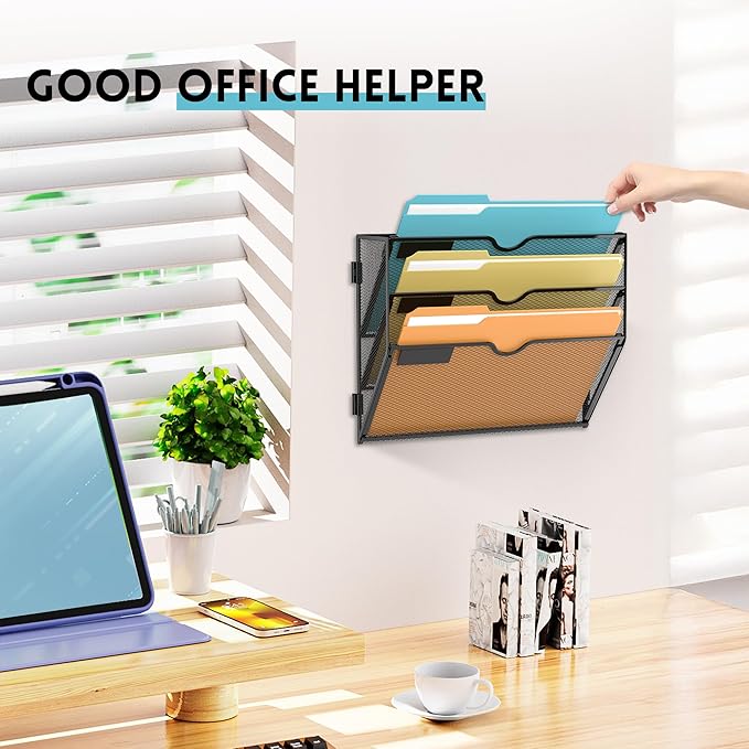 SUPEASY Wall File Organizer Mesh Office Mail Holder, Hanging Wall Organizer Magazine Rack for Office Black, 3 Tier