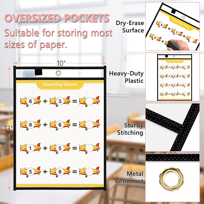 Antner 30 Packs Oversized Dry Erase Pockets Reusable Sleeves 10x13 Job Ticket Holders, Clear Plastic Dry Erase Pouches Heavy Duty Sheet Protectors for Teacher School Classroom Office Supplies, Black