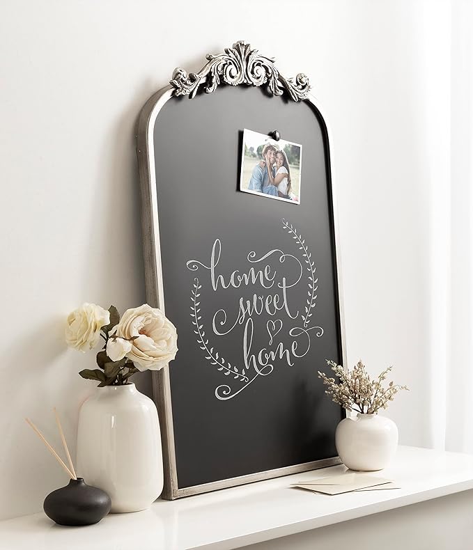 Kate and Laurel Arendahl Arch Chalkboard; Silver; 19 x 31; Framed Arched Ornate Vintage Magnetic Chalkboard for Unique Display; Decoration; and Organization