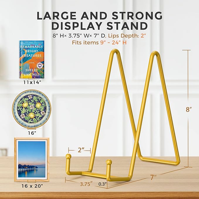 TR-LIFE 8 Inch Large Plate Stands for Display - Metal Plate Holder Display Stand + Frame Holder Stand for Picture, Decorative Plate, Platter, Plaques, Book, Photo Easel Tabletop (Gold 2 Pack)