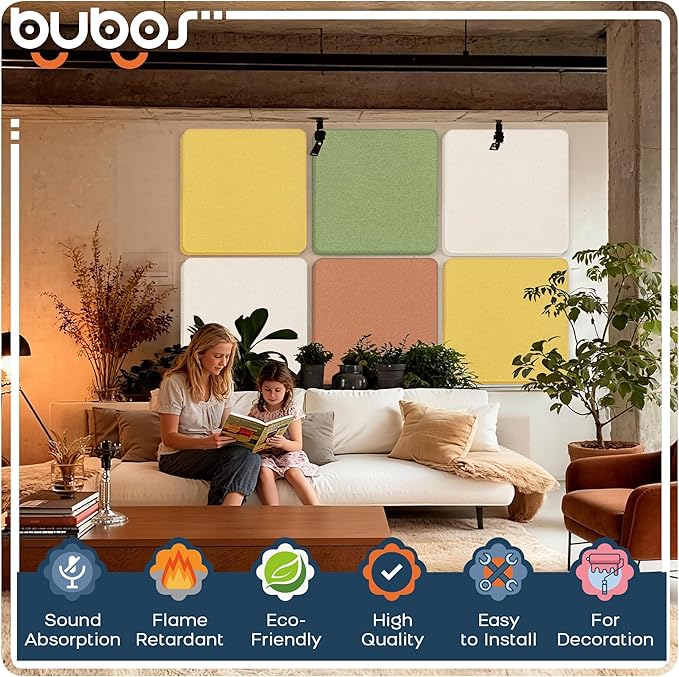 BUBOS 4 PCS Fabric Acoustic Panels 23.6''x23.6'' Decorative Sound Dampening Panels, Sound Absorbing Panels for Studios, Office, Home Theater,Ember