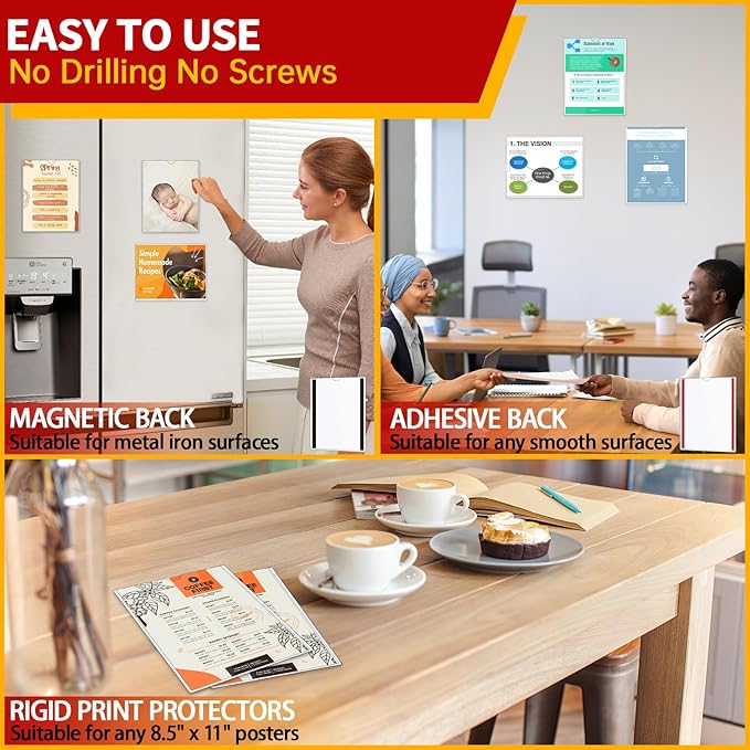 JR-MOV Magnetic Sign Holder 8.5 x 11 - Rigid Plastic Wall Sign Holder Reusable Adhesive Frames, Magnetic Frame for Refrigerator Door Window, Clear Rigid Print Protectors for Paper Picture, 5 Pack