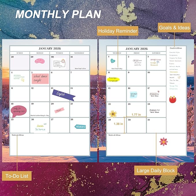 CAGIE 2026 planner weekly and monthly: 12 Months Jan 2026 - Dec 2026 Hardcover Yearly Daily Planner 2026 monthly planner 8.5 x 11, Large Spiral Bound Calendar Planner for Women Weekly Agenda with Tabs Stickers, Purple Marble