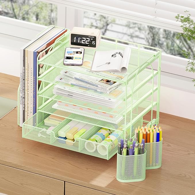 OPNICE Desk Organizer, 5-Tier Paper File Organizer with Drawer & Pen Holder, Office Desk Accessories, Workspace Desktop Organizer for Office Supplies(Green)