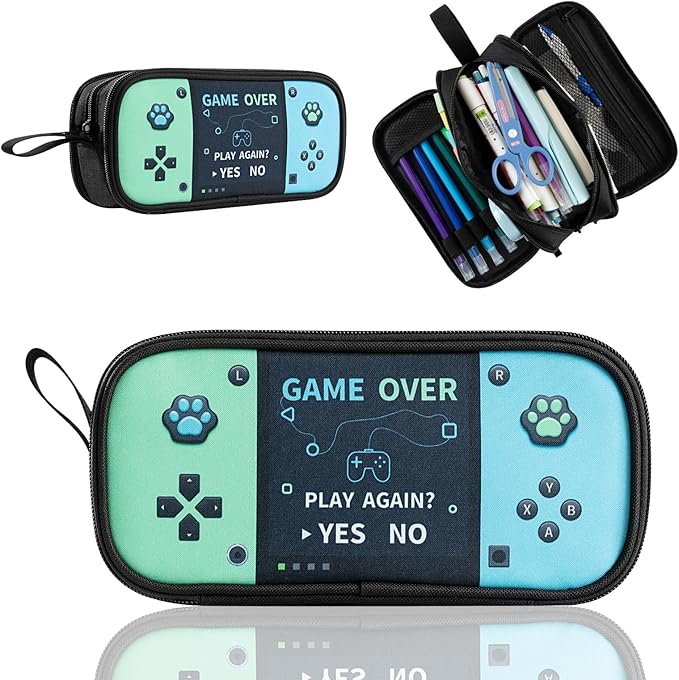 Easozoom Large Game Controller Pencil Case for Teen Boy Kid Capacity Pen Box Pouch Organizer Holder Bag with 3 Compartments & Zipper School College Office Supplies (1PCS Pencil Case) (Blue&Green)
