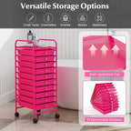 GLACER 10 Drawers Rolling Cart, Storage Cart with w/Removable Drawers & Steel Frame, Utility Mobile Trolley w/Universal Casters & 2 Brakes, Organizer Cart for Home, School, Office (Hot Pink)
