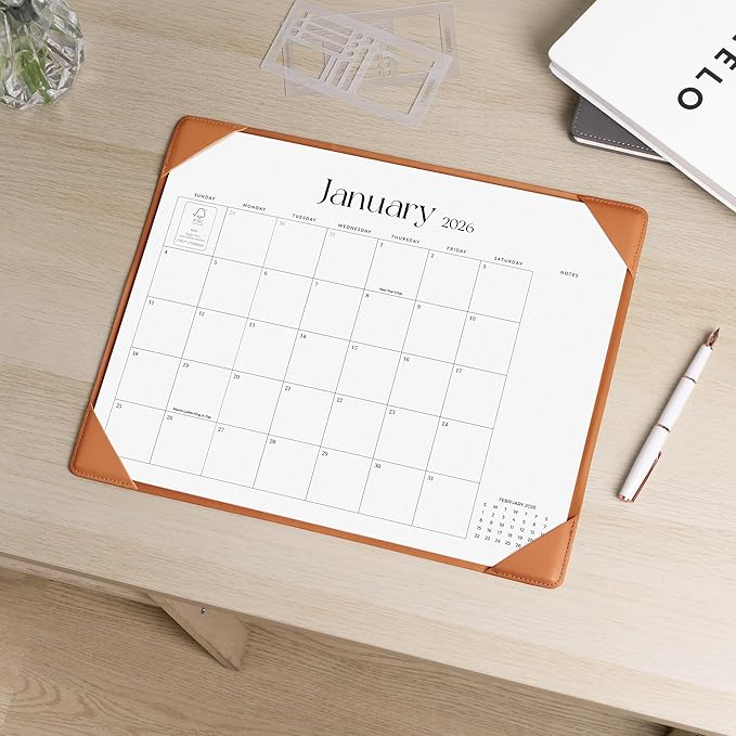 Cabbrix Desk Calendar 2026 with Desktop Mat, Simplified Medium Desk Pad Calendar 15" x 12" January 2026 to June 2027, Desk Blotter Calendar for Home School and Office (Brown)