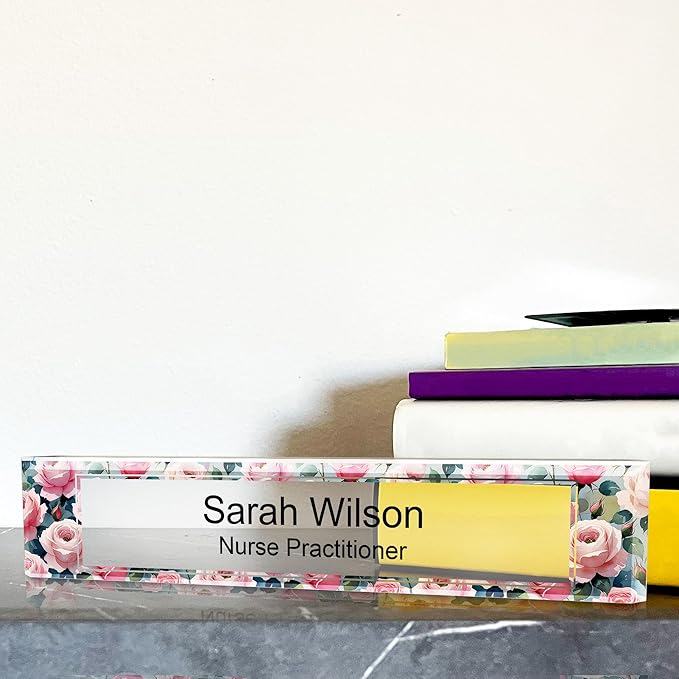 Signs ByLITA Floral Pattern Customized Nameplate | Rose Blush Personalized Full Color Acrylic Desk Sign