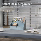 Rebee Vision Pine Wood Mail Organizer for Desk - Vintage Farmhouse Style Mail Organizer with Drawer & Dividers - 4-Slot Paper & Jewelry Sorter, Desktop Organizer for Exquisite Home Decor (Blue)