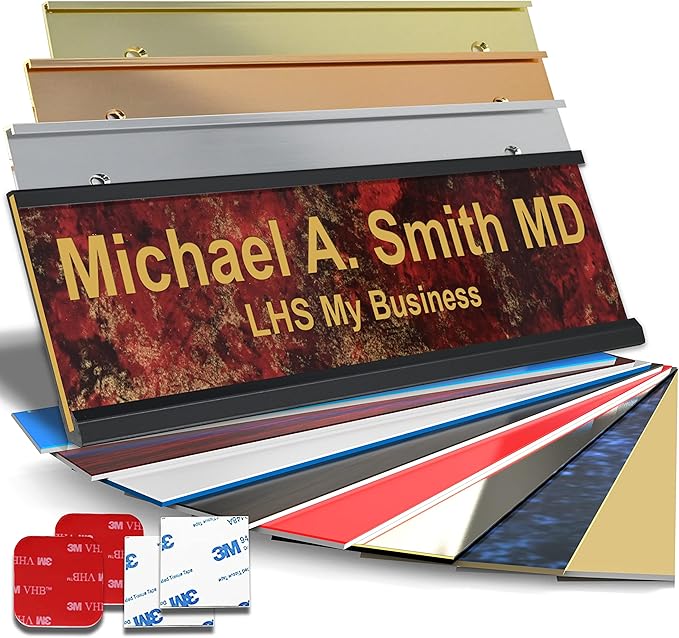 Custom Name Plate with Choice of Mounting for Walls, Doors, Desk Holders, Cubicles, Hanging and More - Personalized Rustico Granite Plastic Gold Letters - USA Made 2x8 - S7