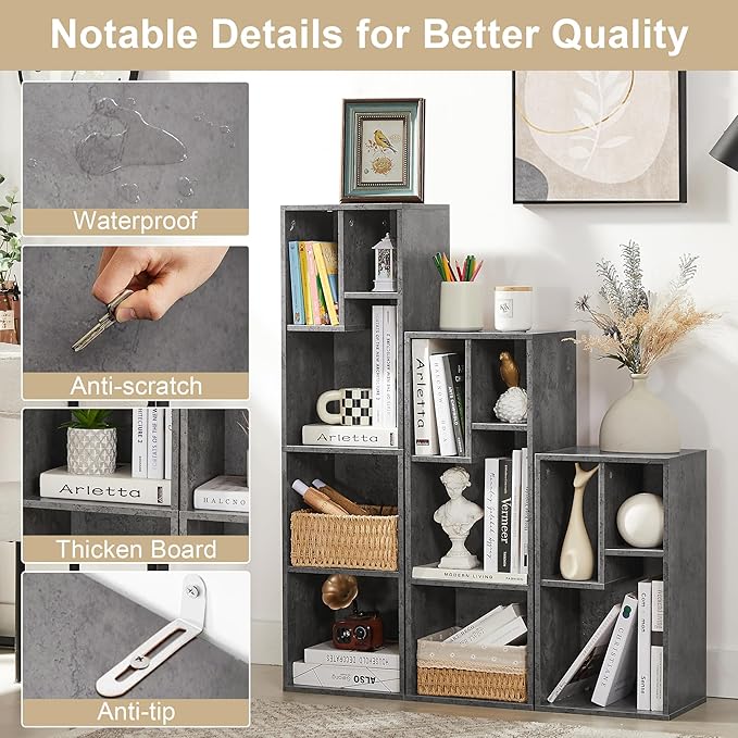 VECELO Narrow Bookshelf Set, Fits 9.3" × 10-12.8" Hardcovers, Cube Storage Bookcases, Free-Standing for Living Room, Bedroom, Home Office, 2/3/4-Tier, 3-Pack, Gray