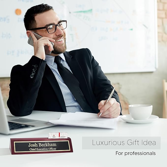 Business Wood Name Plate for Desk | Custom Desk Name Plate Personalized Gift for Office, The Perfect Engraved Name Plaque by Engraving International (2" x 10" with Card Holder, Rosewood Piano Finish)