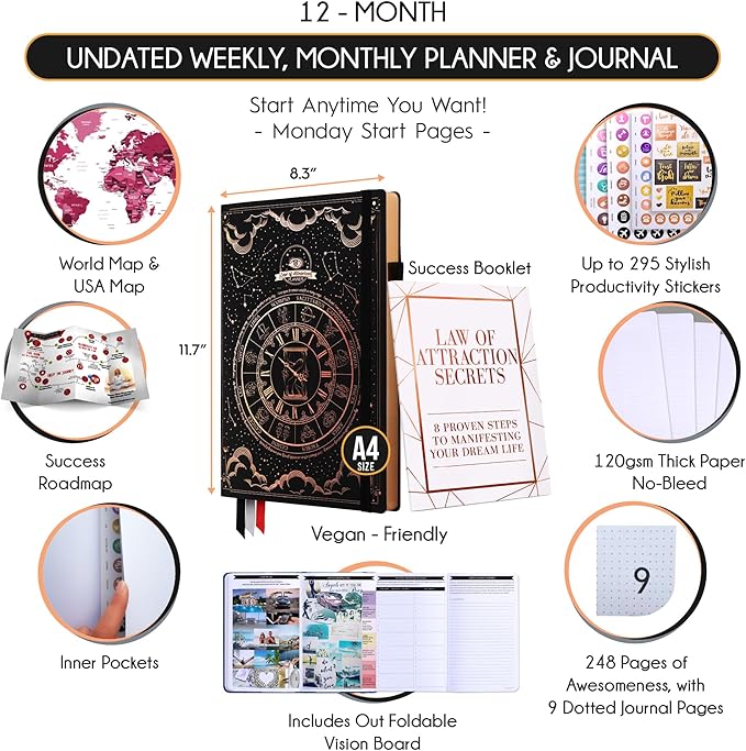 Life Planner - Undated Weekly & Monthly Planner, 12-Month Journey to Increase Productivity | Gratitude Journal, Life Organizer & Goal Journal | Include Foldable Vision Board, Habit Tracker & Stickers