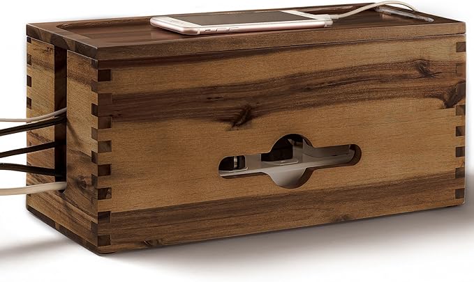 TIDITA Acacia Large Cable Management Box - 15" L Cord Box Hider, Power Strip Box for Office - Cable Hider Box, Surge Protector Box - Wire Box Hider for Desk - 3 Open Slots, Magnetic Lid (Walnut color)