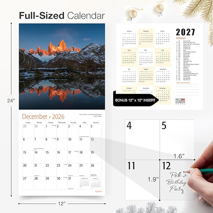 RED EMBER Argentina 2026 Wall Calendar 12 Month | 12" x 24" Open | Thick & Sturdy Paper | Holiday Gift | Travel Calendar 2026
