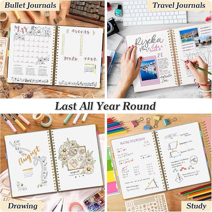 Bullet Dotted Journal Spiral Notebook, 300 Pages Leather Notebooks with Contens, 120 GSM Thick No Bleed Through Paper Journals, A5 Dot Grid Notebook for Women Men School Work Writing, 5.5" x 8", Black