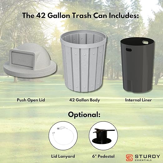 Campus Collection 42 Gallon Slatted Round Heavy-Duty Plastic Commercial Outdoor or Indoor Trash Can with Push Open Dome Lid and Internal Liner | Great for Schools and Businesses - Light Granite