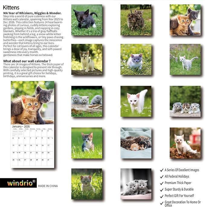2026 Wall Calendar,Calendar 2026, November 2025 - December 2026, Wall Calendar Kittens, 12" x 24" Opened,Full Page Months Thick & Sturdy Paper for Gift Perfect Calendar Organizing & Planning
