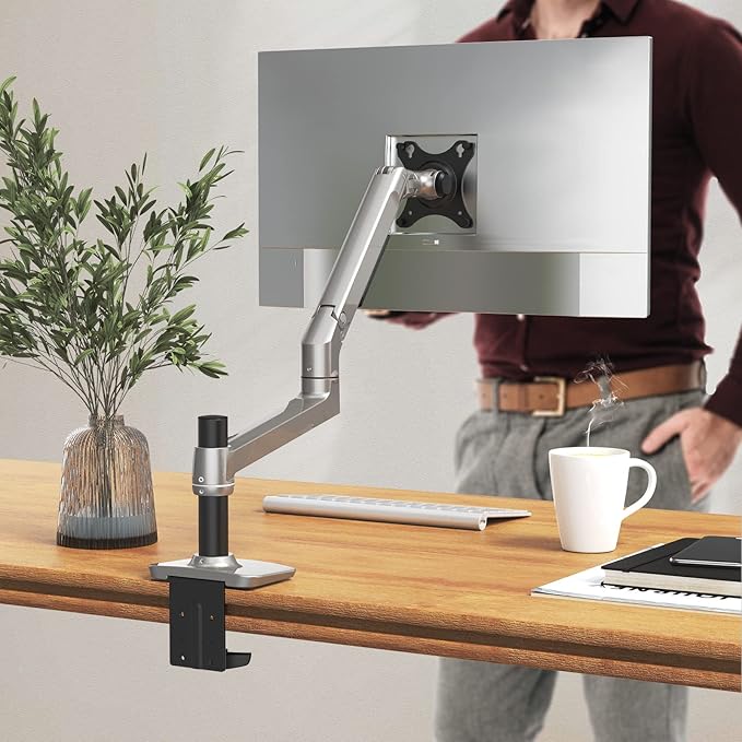 Ergounion Single Monitor Arm Desk Mount, Holds Screens up to 40 Inches and 25 lbs, Fully Adjustable Vesa Monitor Mount with C-Clamp and Grommet Base, Aluminum, Silver