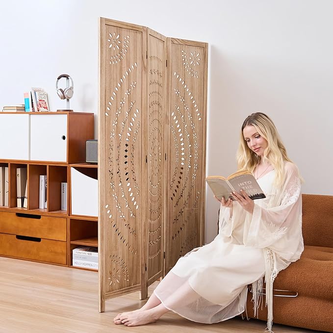5.6 Ft Folding Room Divider, Portable Privacy Screen & Partition, No Assembly Required for Use as Cat Litter Box Cover, Clutter Hider, Room Separator, 3 Panels (Natural)