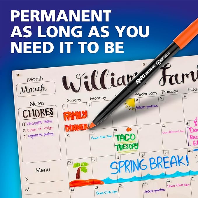 EXPO Wet Erase Markers, Semi-Permanent, Blue, Ultra Fine Tip, 12 Count - For Writing on Glass, Whiteboards, Mirrors, Calendar, Labeling, Organizing