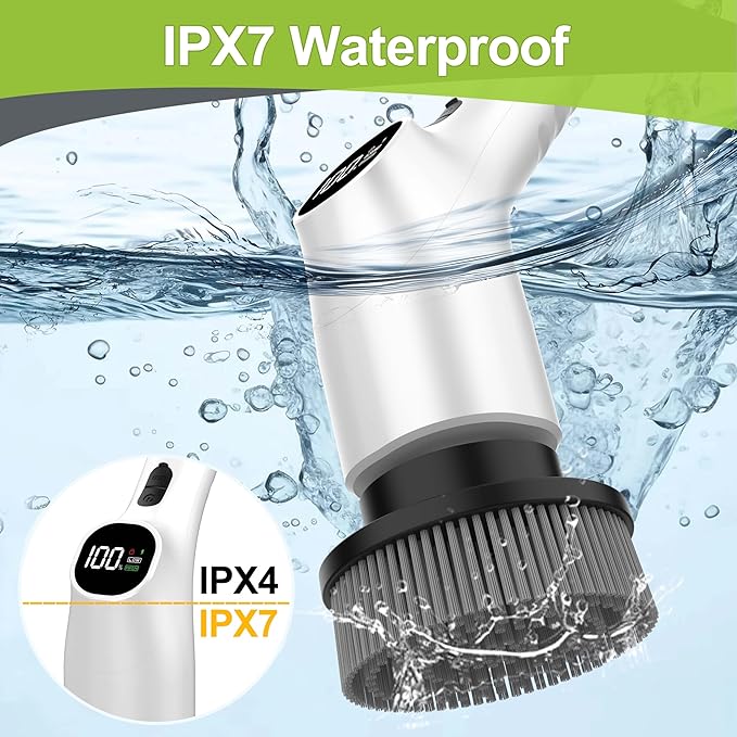 Wky G3 Electric Spin Scrubber - 10-in-1 Cordless Shower Scrubber & Cleaning Brush with Extendable Handle, 2 Speeds, IPX7 Waterproof Brush Heads, LED Display, Smart AI Chip,for Bathroom, Kitchen White
