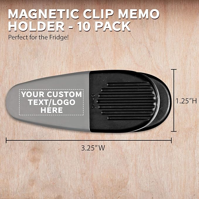 10 Magnetic Memo Holders Set - Customizable Text, Logo - Large Clip, Plastic - Silver Black
