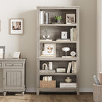 IDEALHOUSE 71" Farmhouse Bookshelf w/Adjustable Shelves & 31.5 in Whidth, 5 Tier Tall Bookshelf with Wooden Legs, Vintage Wooedn Book Shelf for Living Room Office (Gray, 71.3" H x 31.5" W x 11.8" D)