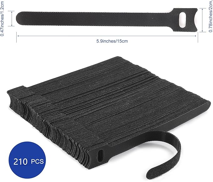 Nettbe Reusable Cable Ties, 210 PCS 6 Inches Adjustable Cord Straps Wire Organizer Cord Wrap and Hook Loop Cable Management