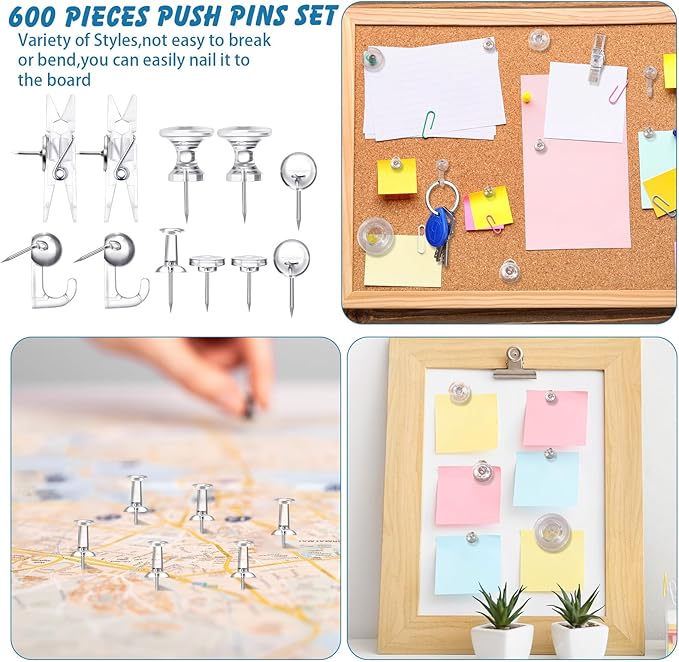 600 Pcs Decorative Push Pins, Clear Thumb Tacks 6 Types Cute Push Pin Clips for Bulletin Board Wall Cork Board Colorful Classroom Decor Teacher Must Haves Supplies School Crafts Project