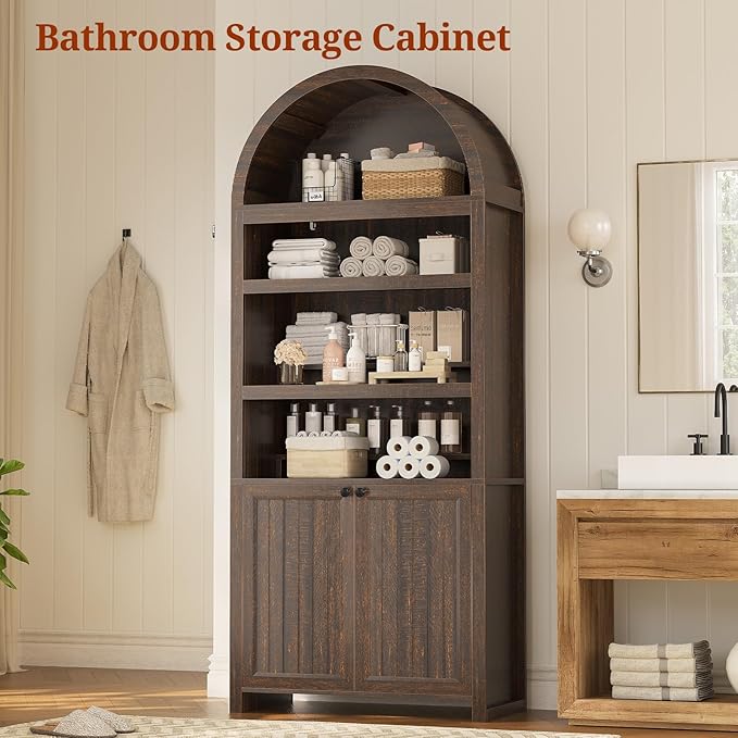 81" Tall Arched Cabinets,Bookcase with storage,Mid-Century Modern 6-Tier Bookshelf with Door,2 Book Risers and Adjustable Shelves offering more storage space for Living Room,Kitchen,Home Office,Walnut