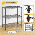 3 Tier Storage Shelves Metal Shelving Unit,Adjustable Wire Rack Pantry Kitchen Shelves,Small Shelf Wire Shelving for Laundry Office Bedroom Dorm Bathroom Closet 24" W x 30" H x 14" D Black Shelves